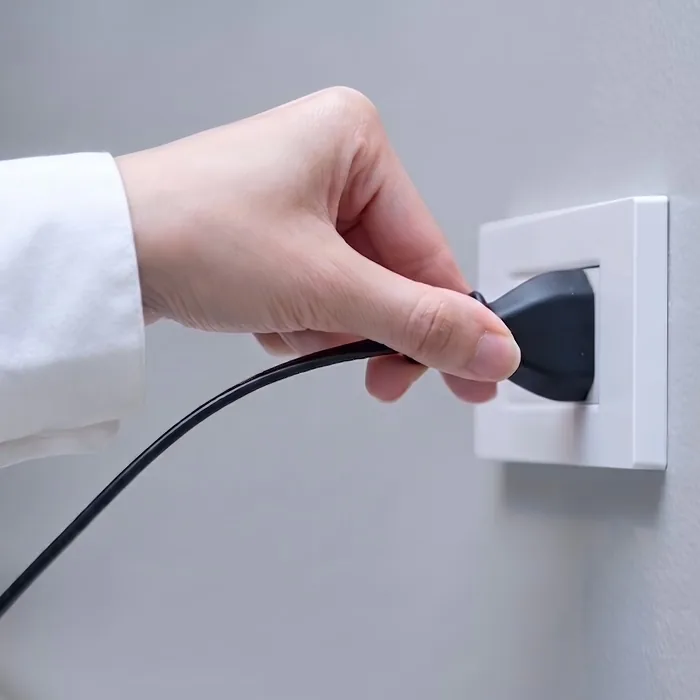 Hand plugging the BlizzAir portable air conditioner into a standard wall socket