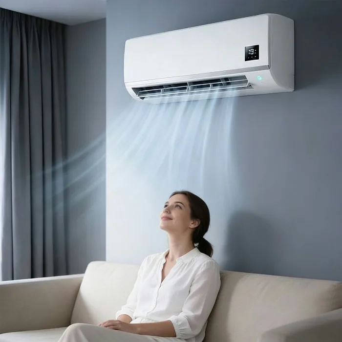 Person relaxing on a sofa while the BlizzAir cools the room